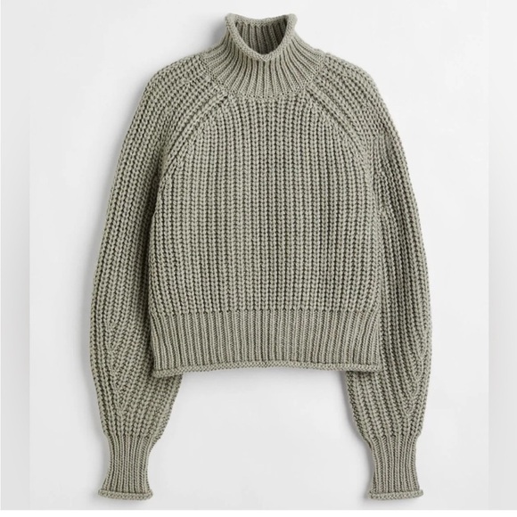 H&M Chunky Knit Turtleneck Sweater Slate Gray Cropped Funnel Neck Medium - Picture 10 of 10